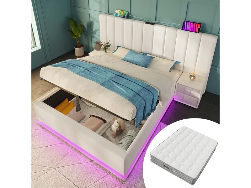  Lit coffre 180x200 cm blanc pu avec led app control usb-c sommier matelas inclus  - Conforama B