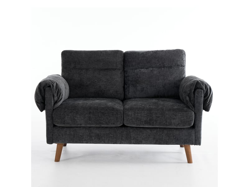 Canapé 2 places en chenille noir, style mid-century, coussins moelleux, petit canapé compact - Conforama A