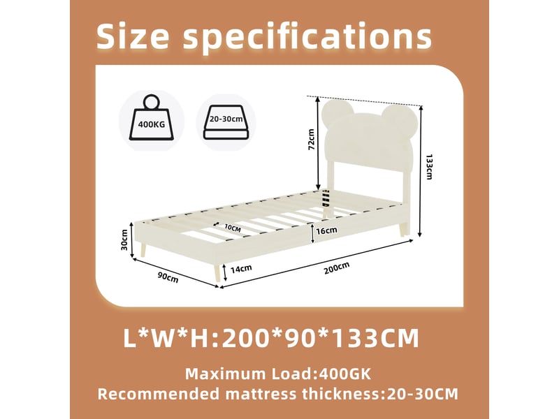  Lit enfant 90x200 cm avec tête de lit à motifs cartoon, lit simple avec sommier à lattes, lit simple rembourré, beige  - Conforama R