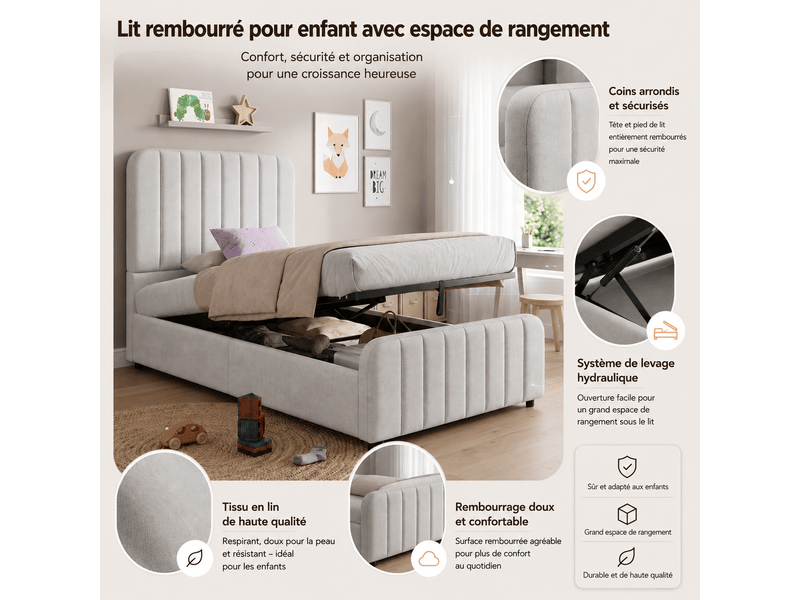  Lit coffre 90x200 cm, lit enfant, sommier à lattes, rangement hydraulique, tête de lit rembourrée, lin gris  - Conforama R