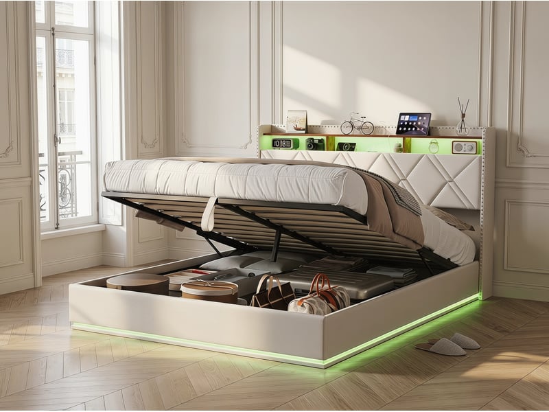  Lit coffre 140x200 cm - led intégrée et rangement - tête de lit avec étagères - sommier relevable - design moderne  - Conforama D