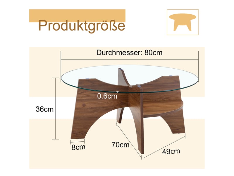  Table d'appoint rond 80×80×36 cm, mdf et verre, noyer et transparent Fay Lum - Conforama C