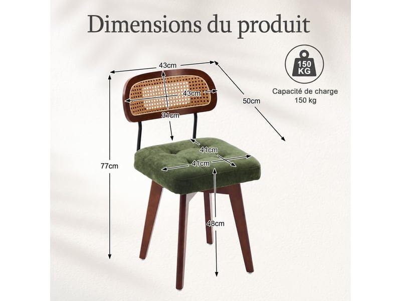  Lot de 2 chaises pivotantes 360° rotin et chenille verte, h77 cm Fay Lum - Conforama C