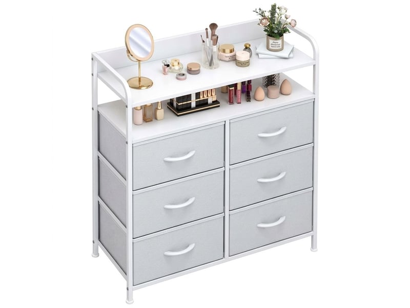  Meuble chiffonnier 83x30x97 cm six tiroirs tissu et etagere ouverte blanc moderne  - Conforama A