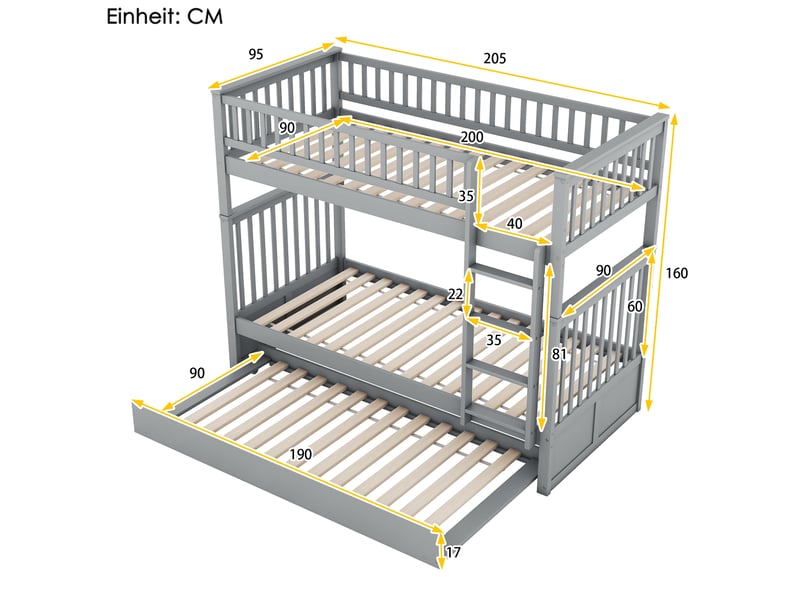  Lit superposé en bois 90x200 cm 3 en 1 convertible avec lit gigogne, barrière sécurité, échelle, sommier lattes, gris  - Conforama C