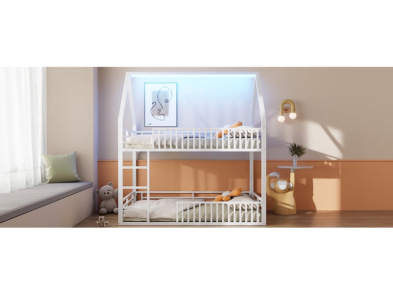  Lit superposé enfant 140x200 maison avec barrière et led blanc métal 24 lattes 150 kg Sol Morn - Conforama D