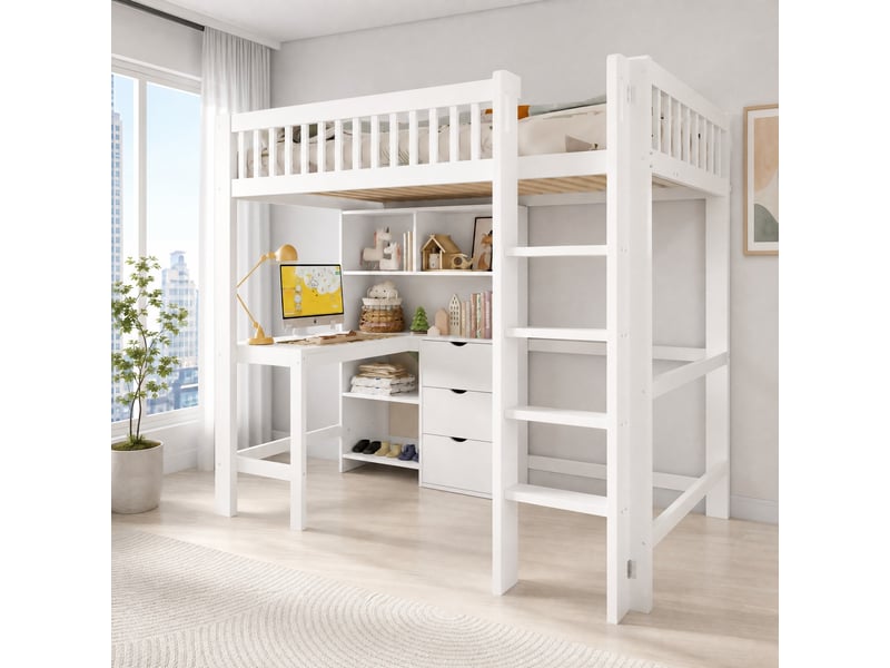  Lit mezzanine enfant 200×90 cm avec bureau, 3 tiroirs et rangements, sans matelas, en pin et mdf blanc  - Conforama B