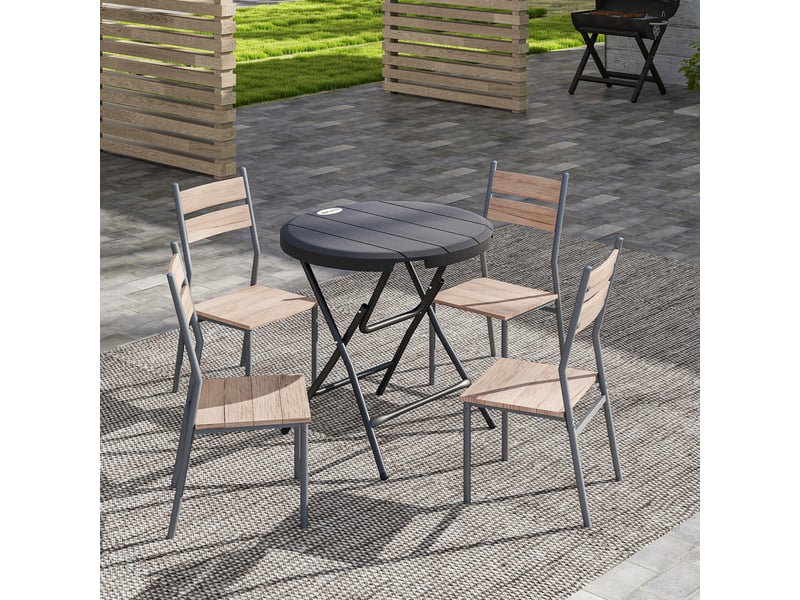 Table de jardin ronde et pliable pour 4 personnes, aspect bois, acier et plastique, gris foncé, 80 x 80 x 73 cm - Conforama D