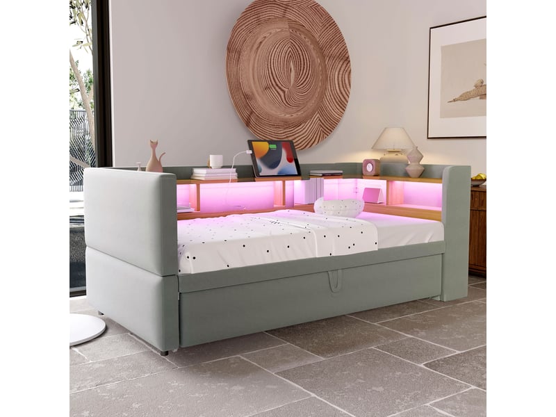 Lit gigogne enfant 90x190 cm avec led, prises, rangement, sommier et canapé-lit, flanelle, gris clair, sans matelas - Conforama W