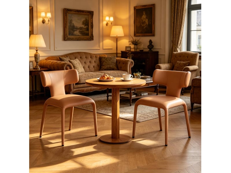  Chaise de salle à manger lot de 2 avec dossier incurvé et assise rembourrée en similicuir marron clair  - Conforama B