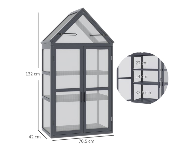  Mini serre en bois - 3 niveaux - toit ouvrant - gris - bonne ventilation - plaques de polycarbonate 70.5x42x132cm - Conforama C