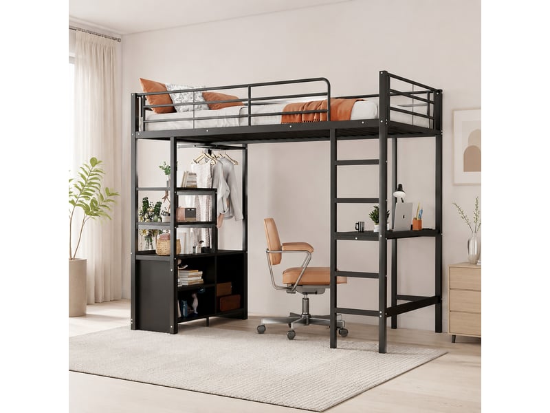  Lit mezzanine enfant 90 x 200 cm noir avec bureau, rangements, prise et usb  - Conforama C