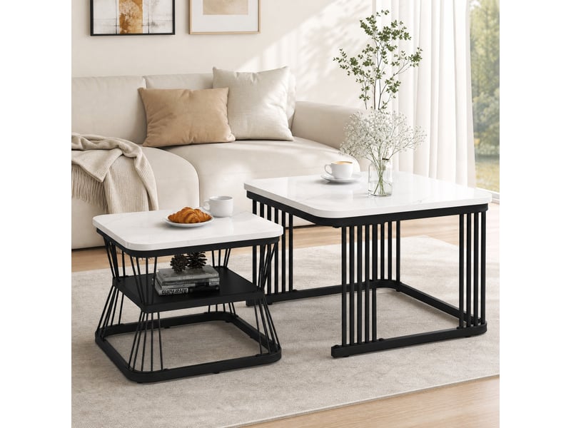  Tables basses gigognes lot de 2 avec plateaux effet marbre brillant et piétement en acier noir, mdf blanc pour salon  - Conforama D