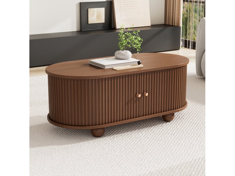  Table basse ovale couleur noyer avec rangement et portes coulissantes 100 x 50 x 40 cm  - Conforama D