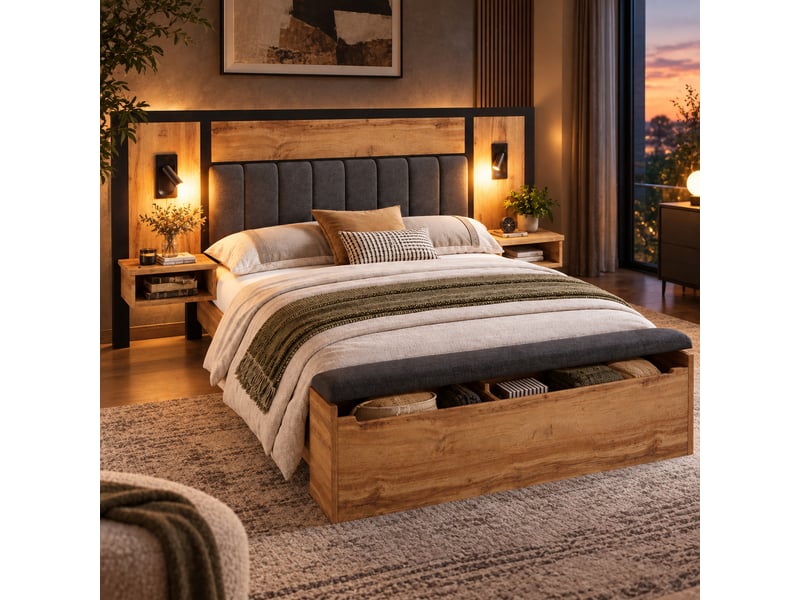  Lit double rembourré 160x200 cm avec liseuse, usb-c, table de chevet et banc avec rangement, sommier métalbois, lin, coloris chêne, sans matelas IKSETERA TRADING LTD - Conforama E