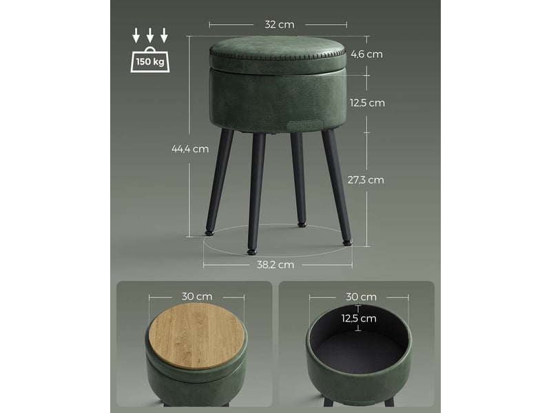  Pouf de rangement tabouret de coiffeuse pu avec coutures moderne mi-siècle tabouret de rangement rond avec pieds en acier capacité 150 kg vert 12_0005358  - Conforama C