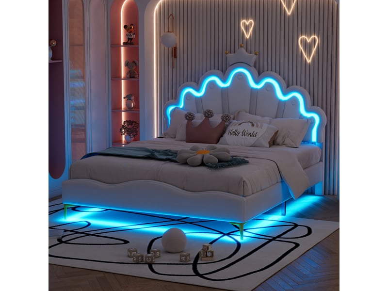  Lit princesse 140x190cm lit jeune avec tête de lit couronnée, éclairage led et sommier à lattes, rangement sous lit pour chambre de fille,sans matelas, pu,blanc  - Conforama C