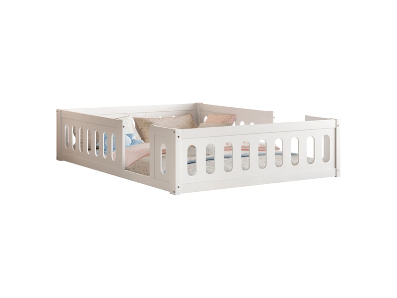 Lit plateforme 140x200 en bois massif blanc avec barrière de sécurité - design au sol  - Conforama A
