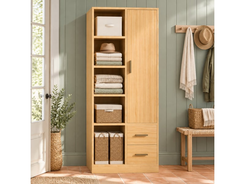 Armoire 1 porte avec 2 penderies et 2 tiroirs, 70x50x170 cm, coloris bois naturel - Conforama B