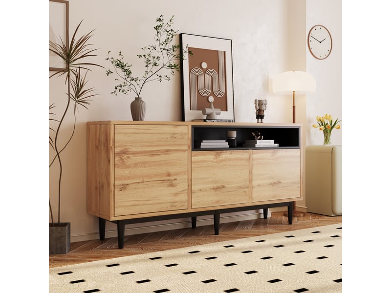  Buffet moderne en bois avec trois portes et étagères, 160 x 35 x 76 cm, design peu encombrant  - Conforama B