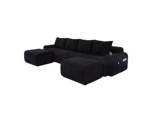 Canapé d'angle en u, canapé modulaire 4 places en velours côtelé avec 2 poufs, portes-gobelets, poche latérale, noir