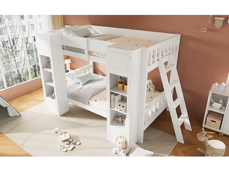  Lit superposé enfant 90x200 cm blanc bois massif et mdf avec rangements deux placards frontaux étagère suspendue échelle réversible et protection anti chute Sol Morn - Conforama E