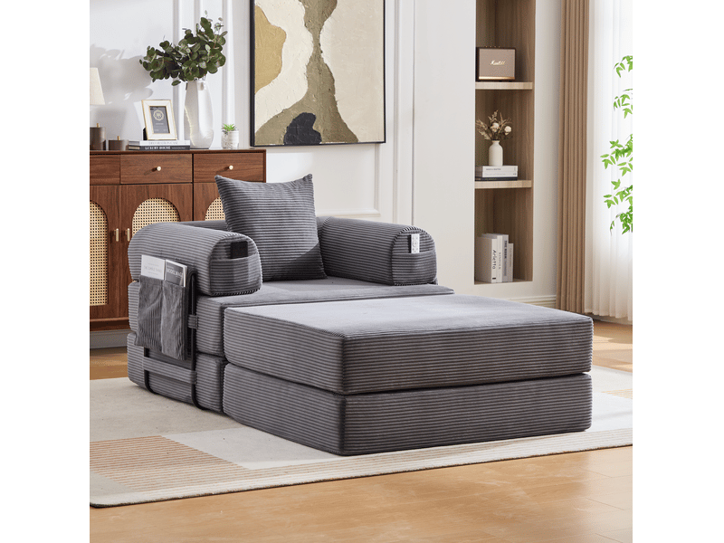 Canapé modulable 1 place avec repose-pieds en velours côtelé gris foncé - Conforama C