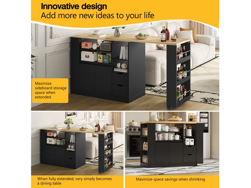  Desserte de cuisine extensible avec 2 tiroirs et 3 étagères, en mdf noir et bois naturel, 115 × 50 × 92 cm  - Conforama E