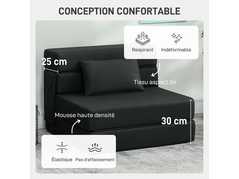  Fauteuil convertible 1 place fauteuil lit pliant, coussin inclus, pour invités, salon, petit espace, charge 120 kg, noir  - Conforama E