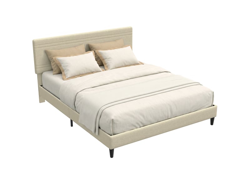 Lit double design tissu lin beige - tête de lit, pied de lit et sommier - compatible matelas 160x200cm - Conforama E