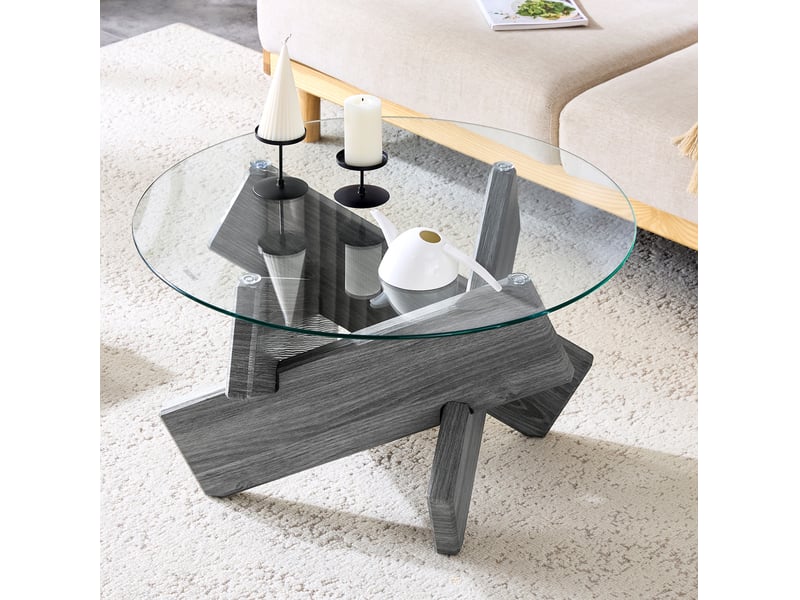  Table basse ronde 79 cm en verre trempé 8 mm et mdf gris, piètement croisé  - Conforama B