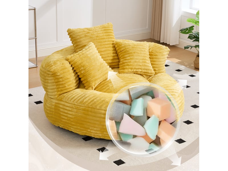  Fauteuil poire 108x108x52 cm grand dossier accoudoirs ergonomique confort mousse rembourré velours côtelé jaune moutarde  - Conforama D