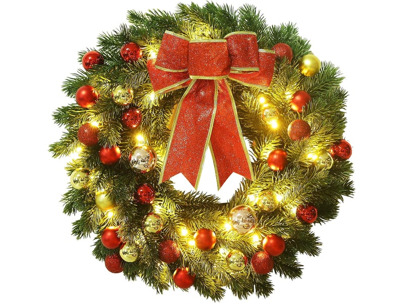  Couronne de noël lumineuse 50 cm, guirlande pré-éclairée à led avec boules de noël, décoration de porte  - Conforama A
