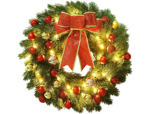 Couronne de noël lumineuse 50 cm, guirlande pré-éclairée à led avec boules de noël, décoration de porte
