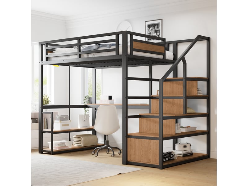  Lit mezzanine 140x200 cm avec escalier de rangement, étagères et bureau noir  - Conforama D