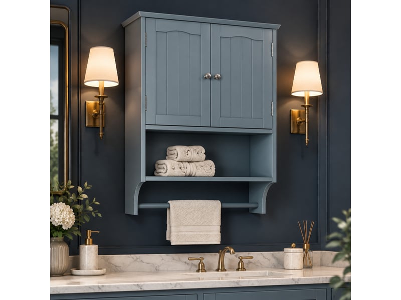 Armoire murale de salle de bains 56,8x19x70 cm gris clair avec porte-serviettes - Conforama E