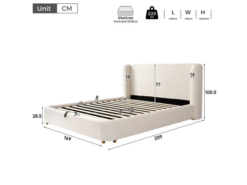  Lit coffre 140x190 cm, lit double en bouclette beige avec sommier, sans matelas  - Conforama C