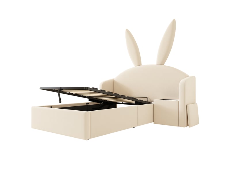  Lit coffre 90x200 cm avec sommier relevable à vérins, sans matelas, beige  - Conforama D