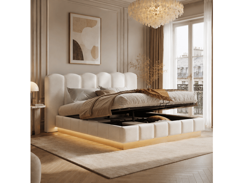  Lit coffre double 180 x 200 cm avec sommier, led et tête de lit bouclé blanc  - Conforama D