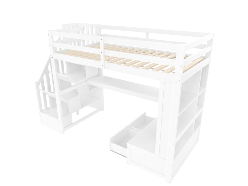 Lit mezzanine 90 × 200 cm, bureau, étagères, 2 tiroirs, escalier avec rangement, éclairage led, pin et mdf, blanc - Conforama E