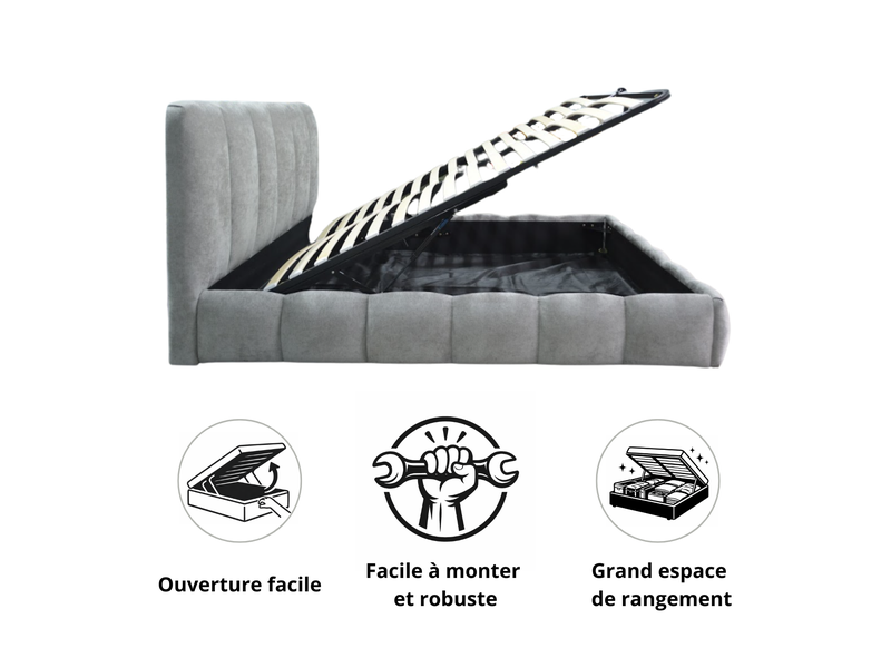  Ensemble lit coffre everest et matelas nirvana 160x200 - tissu chenille gris PREMIUM - Conforama C