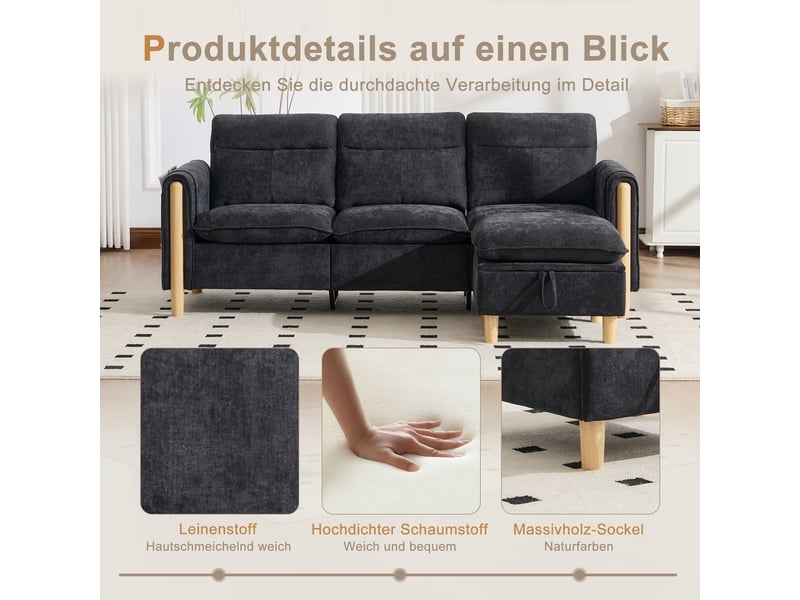 Canapé d'angle 3 places en tissu chenille noir, avec pouf à rangement, poches latérales, pieds en bois - Conforama E