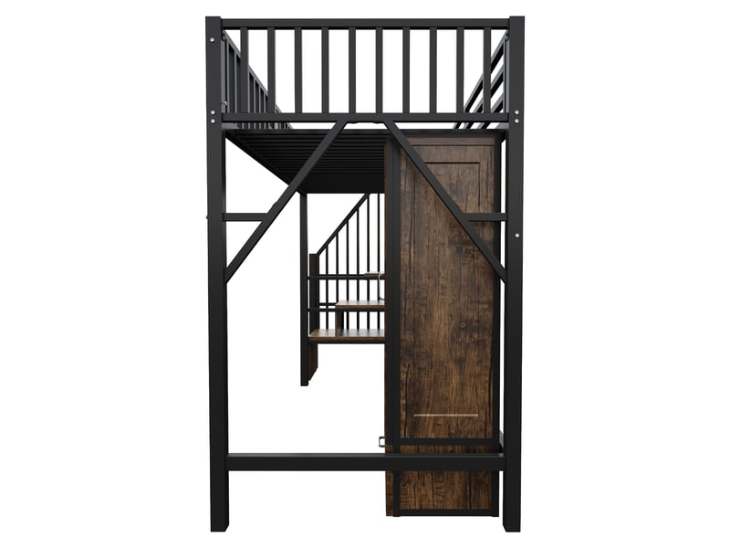  Lit mezzanine 90x200 cm avec dressing, tiroir, échelle et garde-corps design en bois et métal, noir, sans matelas  - Conforama R