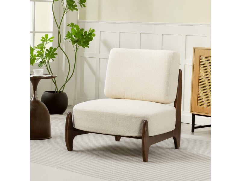 Fauteuil de salon en chenille et bois massif crème 72x73,5x81 cm  - Conforama B