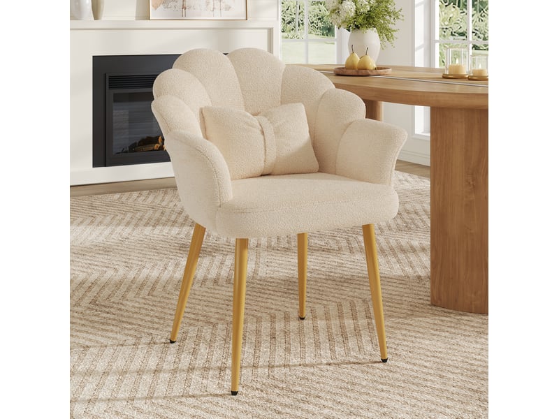  Fauteuil de salle à manger 64x65,5x85 cm, dossier pétale, coussin nœud, pieds en métal doré, tissu teddy beige  - Conforama B
