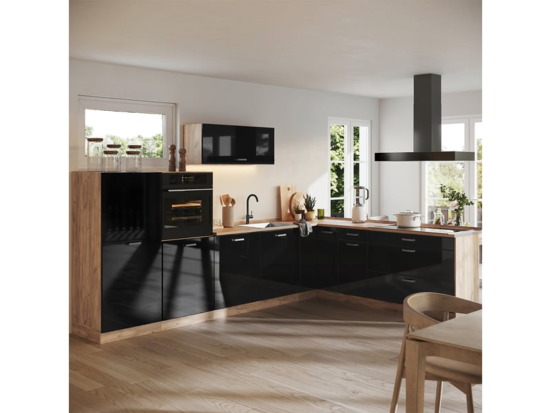 Vicco cuisine en angle, noir haute brillancechêne doré, 327 x cm plan de travail anthracite - Conforama C