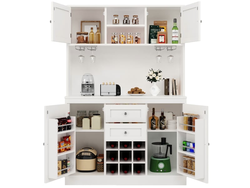 Buffet haut cuisine - étagères réglables-porte-bouteilles- 4 portes et 2 tiroirs- meuble rangement blanc 124x40x188 cm - Conforama A