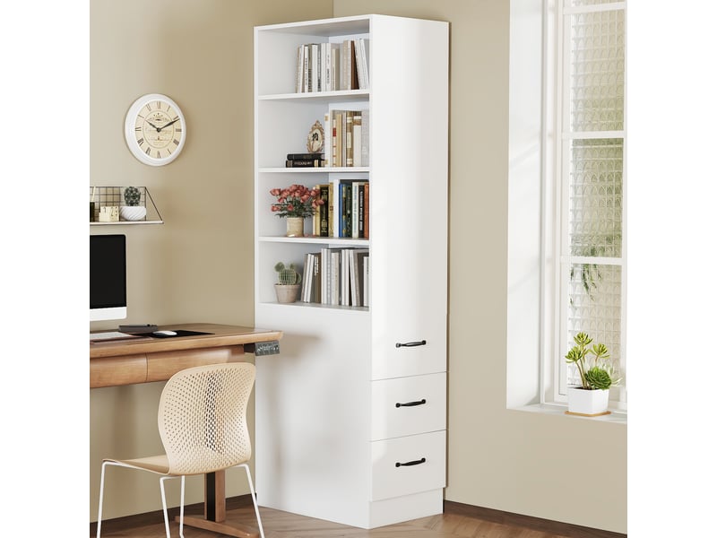  Bibliothèque 60x38x180cm - bibliothèque étroite avec 3 tiroirs latéraux et étagères réglables pour petits espaces - blanc  - Conforama C
