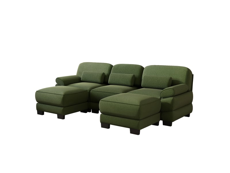  Canapé d’angle 3 places en u, design à cadre, 2 poufs, tissu cord doux, assise profonde, coussins épais, salon, vert  - Conforama A