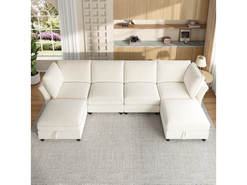  Canapé d'angle, canapé modulable, 6 places, en tissu chenille, beige, avec pouf, pour salon, appartement, chambre  - Conforama C
